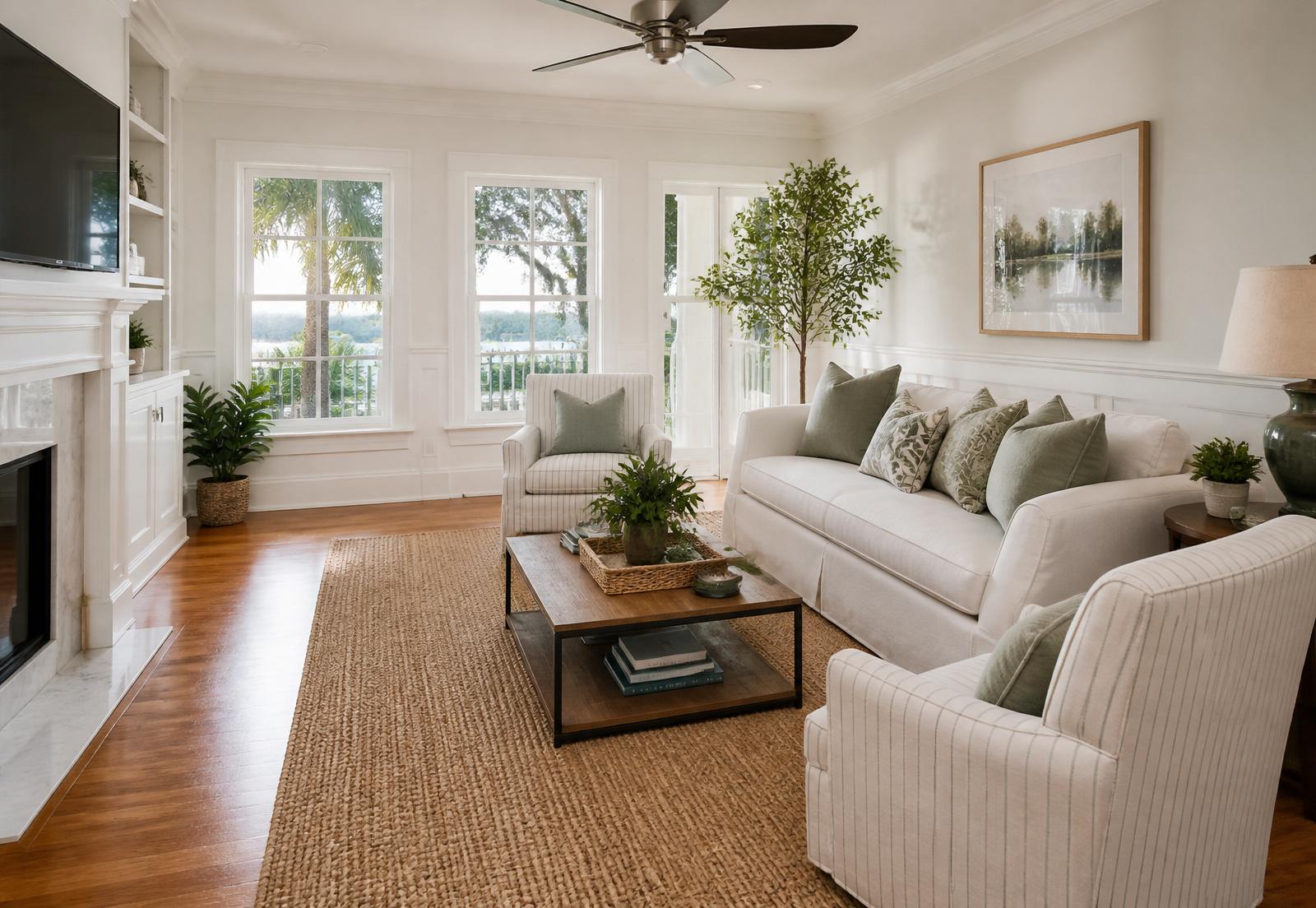Bright, freshly cleaned coastal living room